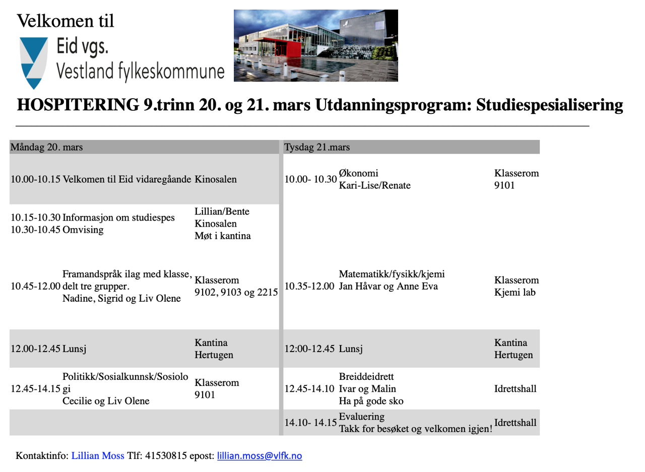 Bileta av ein tabell med info rundt kva som skjer på hospiteringsdagane på studiespesialierande.